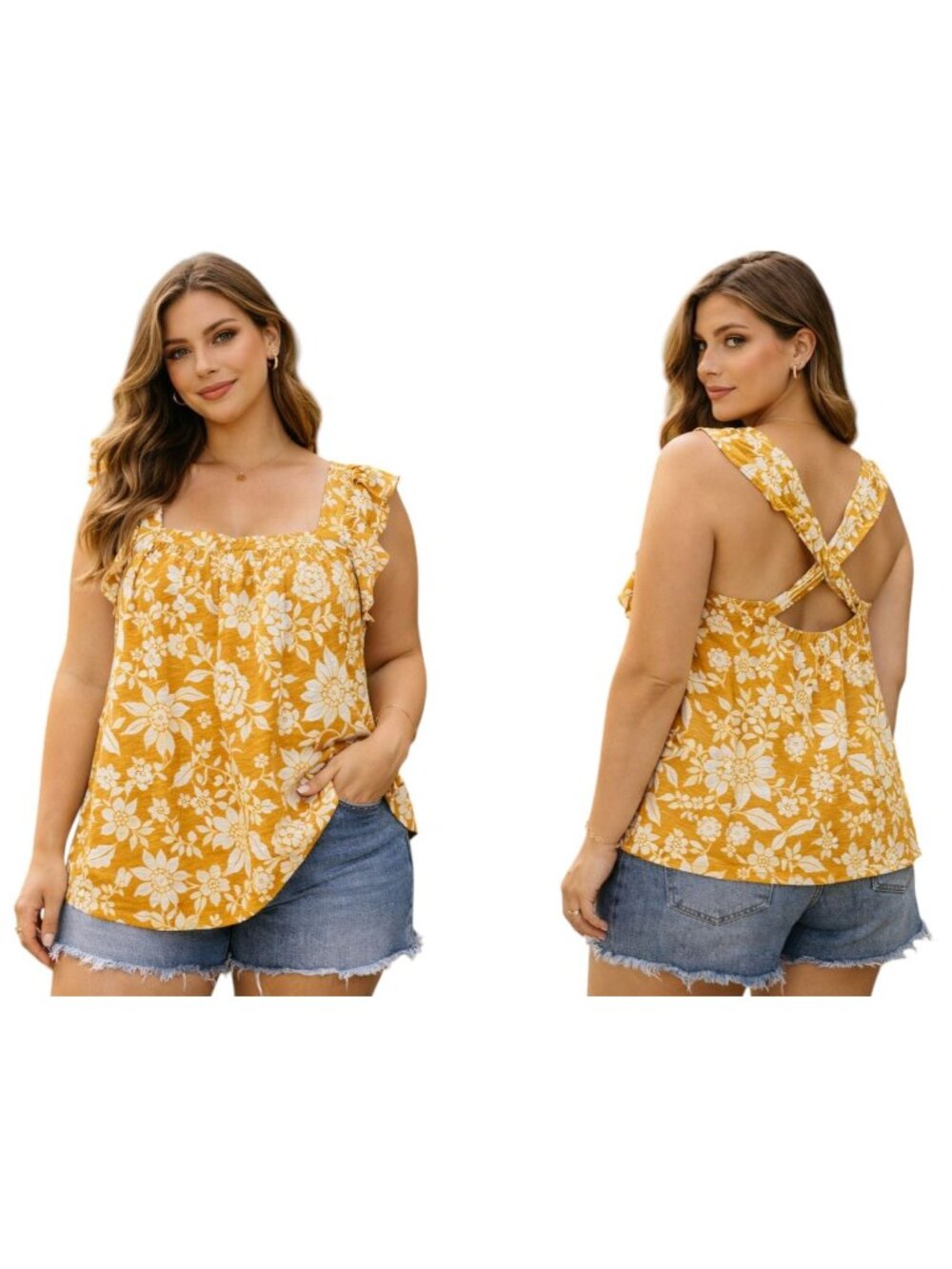 Laura Conrad Floral Ruffle Sleeve Cross Back Tank Top Cottagecore Size 2XL NWT